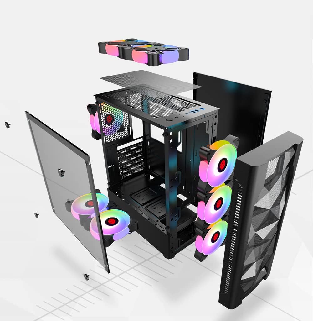 Compact ATX Mid Tower Case - High Airflow, Front Mesh Ventilation, Tempered Glass Side Panel, Pre-Installed 6 x 120mm Autoflow Rainbow LED Fans