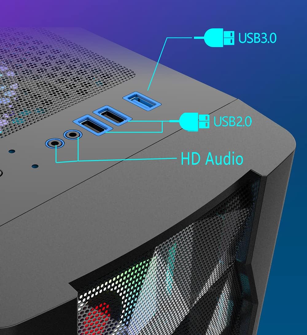 Compact ATX Mid Tower Case - High Airflow, Front Mesh Ventilation, Tempered Glass Side Panel, Pre-Installed 6 x 120mm Autoflow Rainbow LED Fans