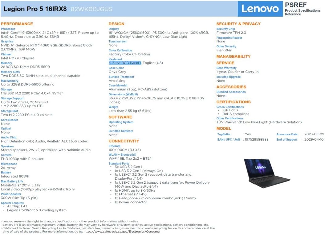 2023 Latest Lenovo Legion Pro 5 Gaming Laptop 16" WQXGA 165Hz Display Core i9-13900HX 24 Cores 16GB 1TB SSD NVIDIA RTX 4060 Graphics 8GB RGB Backlit Eng Key WIN11 Grey