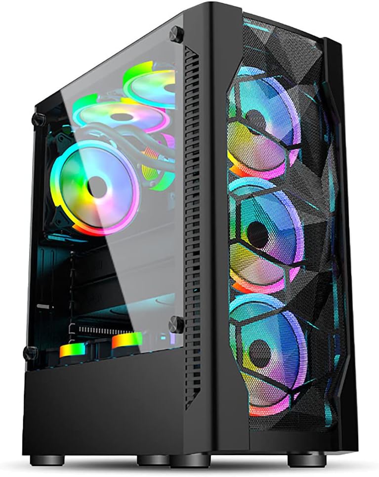 Compact ATX Mid Tower Case - High Airflow, Front Mesh Ventilation, Tempered Glass Side Panel, Pre-Installed 6 x 120mm Autoflow Rainbow LED Fans