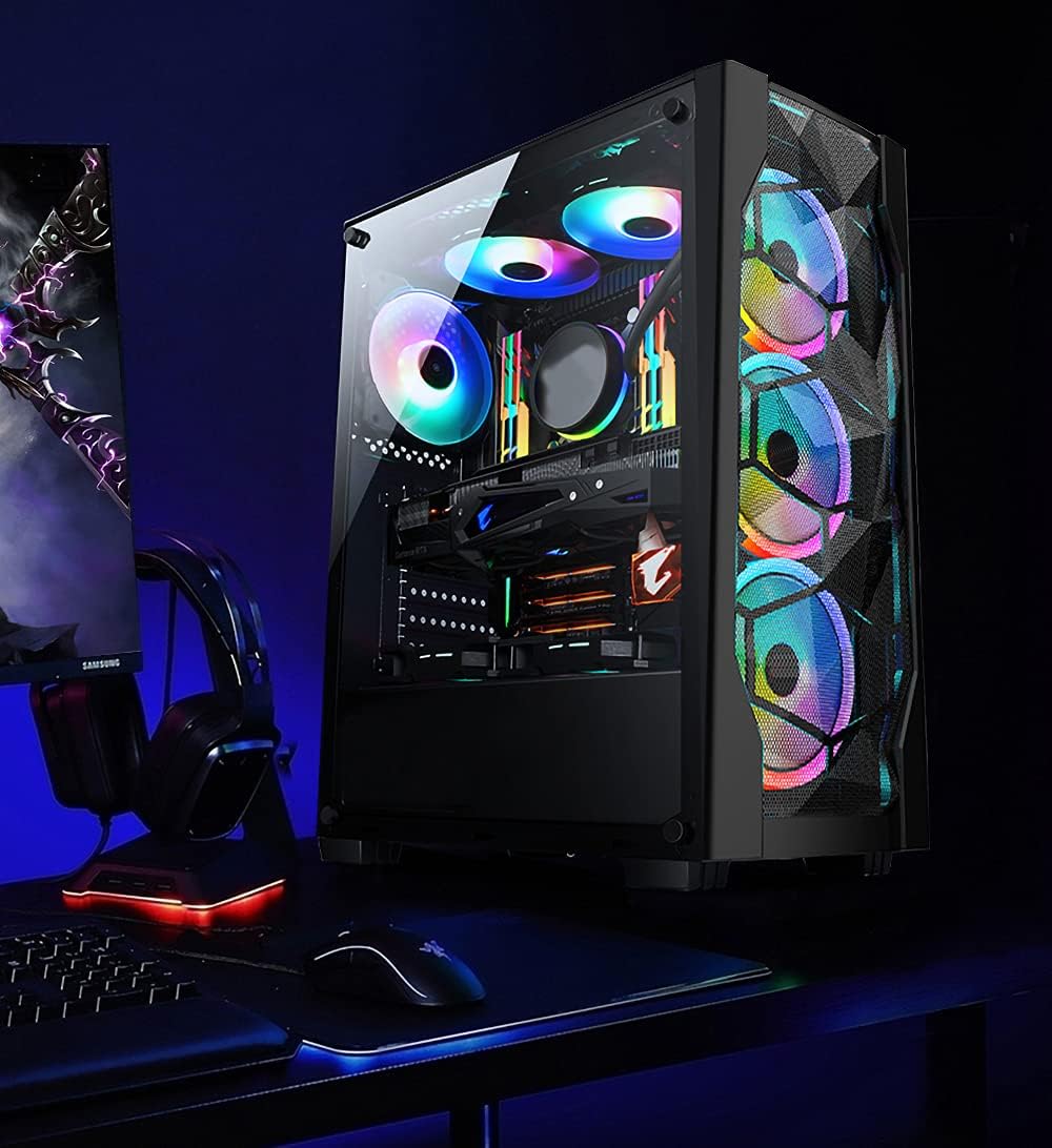 Compact ATX Mid Tower Case - High Airflow, Front Mesh Ventilation, Tempered Glass Side Panel, Pre-Installed 6 x 120mm Autoflow Rainbow LED Fans