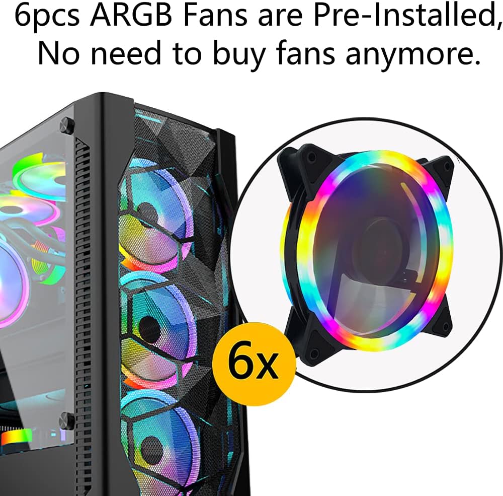 Compact ATX Mid Tower Case - High Airflow, Front Mesh Ventilation, Tempered Glass Side Panel, Pre-Installed 6 x 120mm Autoflow Rainbow LED Fans