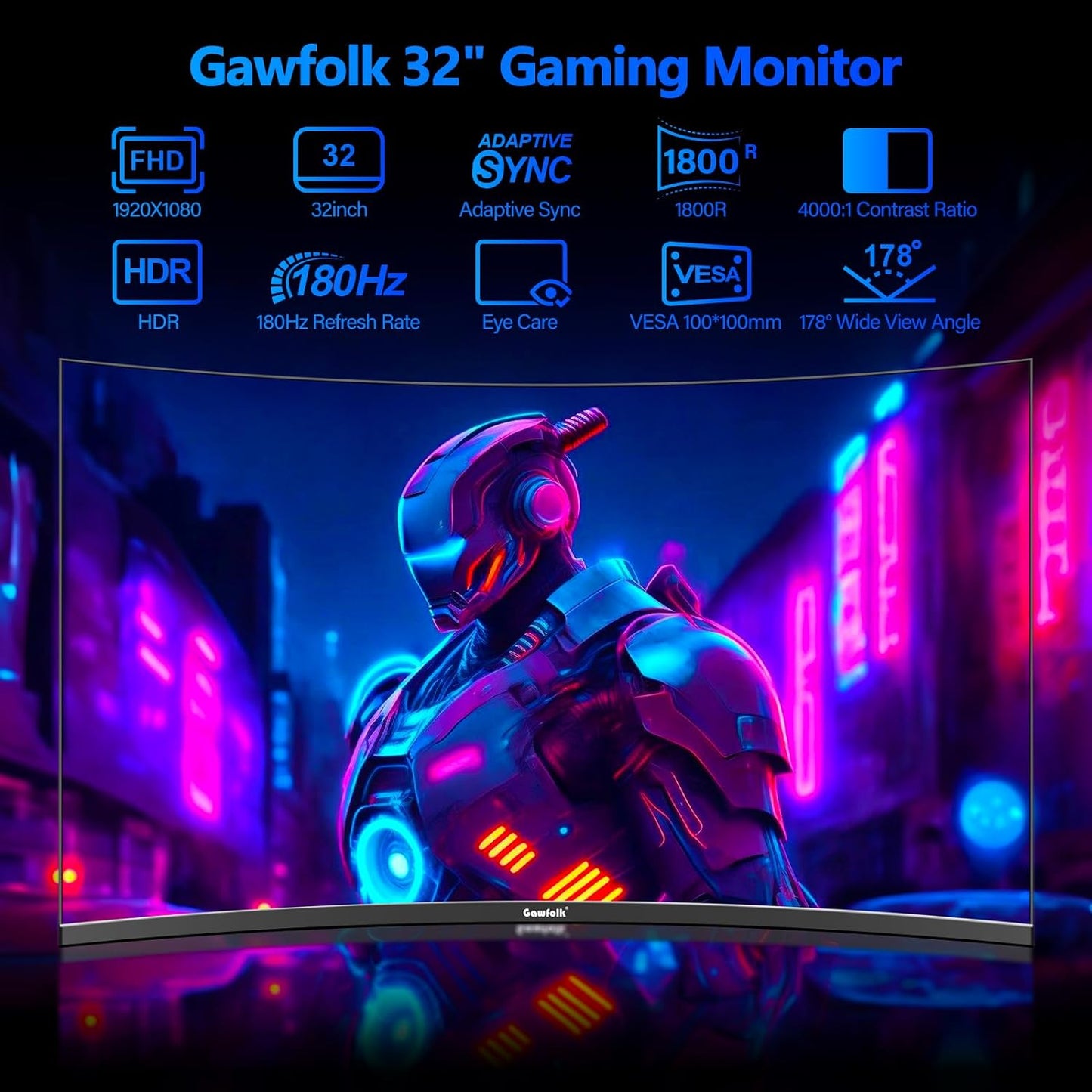Gawfolk 32 inch Gaming Monitor 1800R Curved Computer Monitors 165HZ/180HZ PC Monitors VA Screen for Home, Office and Dormitory,Support Wall Mount