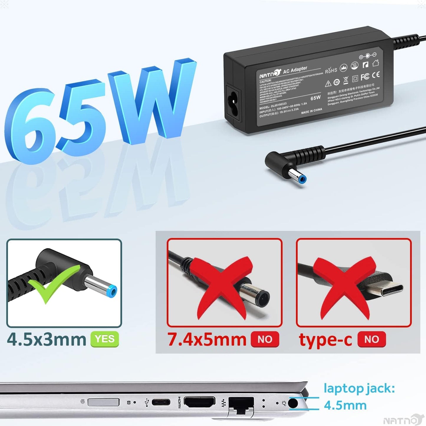 HP Blue Pin ADAPTER 65W 45W Laptop Charger for HP Notebook 15 Charger, Pavilion x360, Envy, Spectre, Elitebook 840 850 845 830 820 G8 G7 G6, ProBook Laptop With Power Supply Cord, HP Blue Tip AC Adapter
