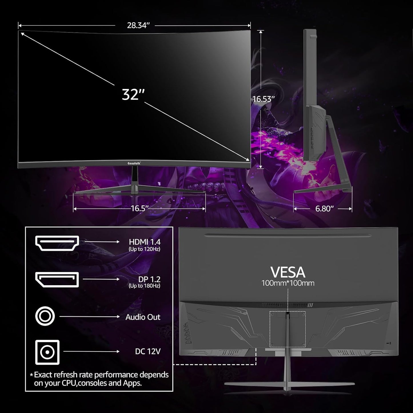 Gawfolk 32 inch Gaming Monitor 1800R Curved Computer Monitors 165HZ/180HZ PC Monitors VA Screen for Home, Office and Dormitory,Support Wall Mount