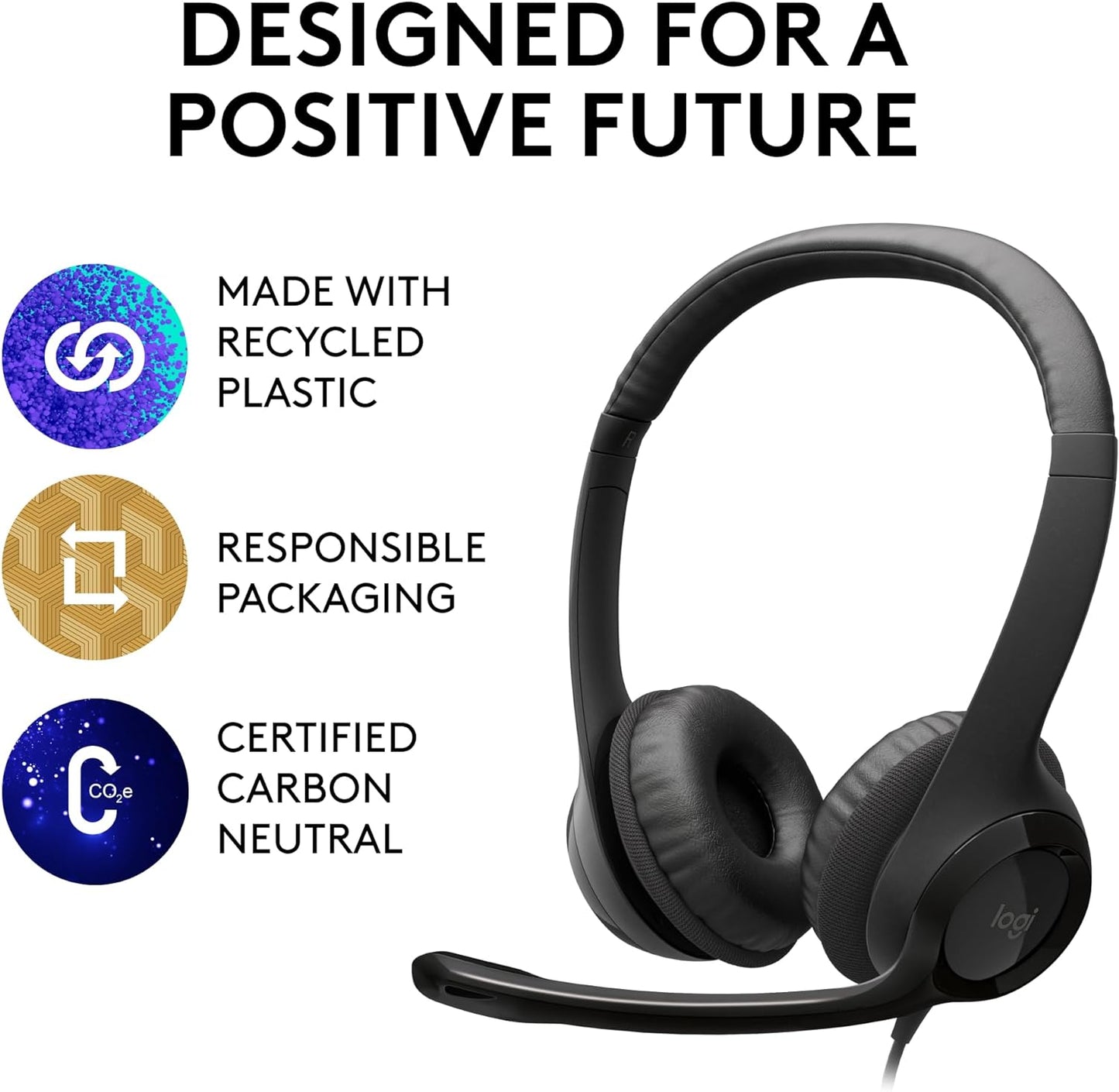Logitech H390 Wired Headset for PC/Laptops, Stereo Headphones with Noise Cancelling Microphone, USB-A, In-Line Controls- Black