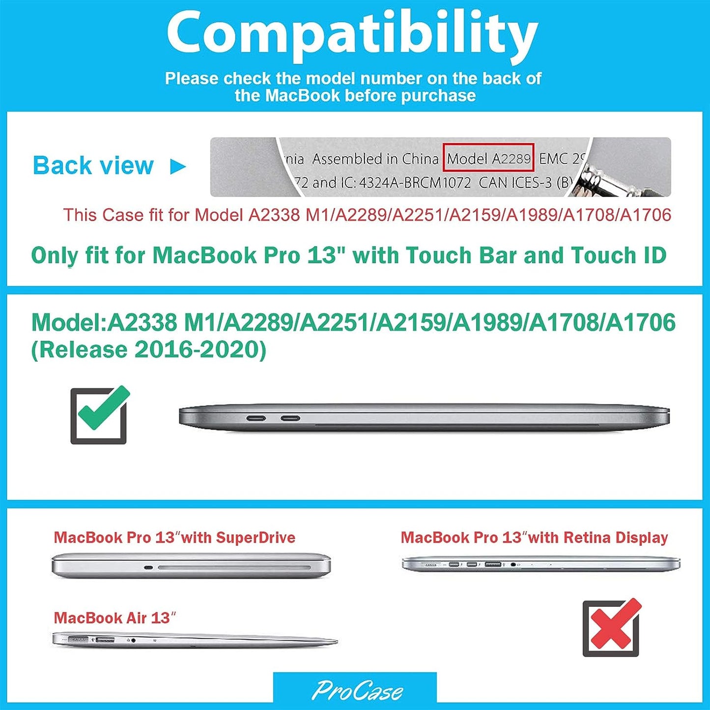ProCase MacBook Pro 13 inch Case 2020 2019 2018 2017 2016 Release A2338 M1 A2289 A2251 A2159 A1989 A1706 A1708, Hard Case Shell Cover for MacBook Pro 13 with or Without Touch Bar -Black