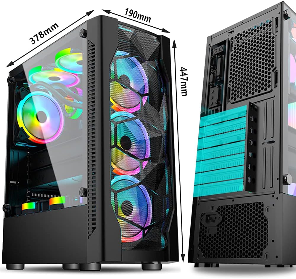 Compact ATX Mid Tower Case - High Airflow, Front Mesh Ventilation, Tempered Glass Side Panel, Pre-Installed 6 x 120mm Autoflow Rainbow LED Fans