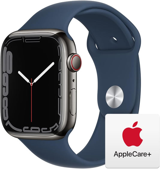 Apple Watch Series 7 (GPS + Cellular, 44mm) Smart watch - Graphite Stainless Steel Case with Abyss Blue Sport Band - Regular. Fitness Tracker, Blood Oxygen & ECG Apps, Water Resistant