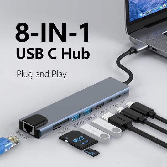 USB C Hub, 8 in 1 Type C Hub Multiport Adapter with 4K HDMI, PD Power Delivery, USB-C, Ethernet, 2 USB, SD/TF Card Reader Compatible with Mac Book Pro, XPS, YOGA and More Type C Devices