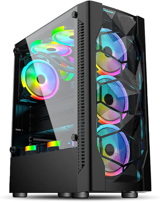 Compact ATX Mid Tower Case - High Airflow, Front Mesh Ventilation, Tempered Glass Side Panel, Pre-Installed 6 x 120mm Autoflow Rainbow LED Fans
