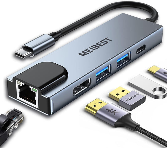 USB C Hub, USB C to 4K HDMI Multiport Adapter, 5 in 1 USB C Adapter Type C Dock with RJ45 Ethernet Port, USB 3.0, USB, Compatible for MacBook Pro/Air & M1 2023, Dell, HP, XPS and Yoga
